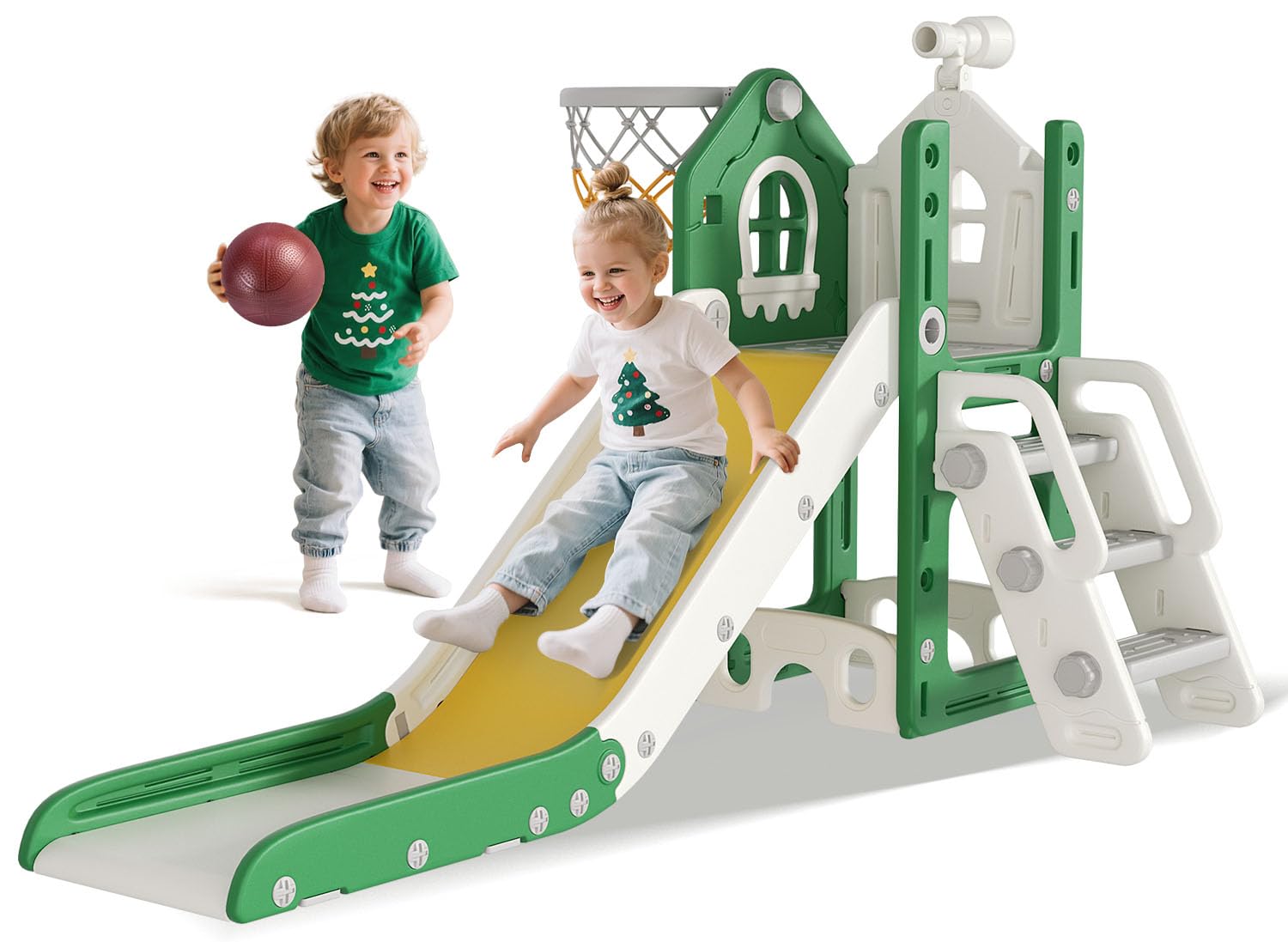 6 in 1 Toddler Slide for Toddlers Aged 1-3 Indoor Playset Green | L-Shaped Baby Slide with Basketball Hoop, Telescope Toy and Anti-Slip Pads, Indoor Outdoor Toddler Playset