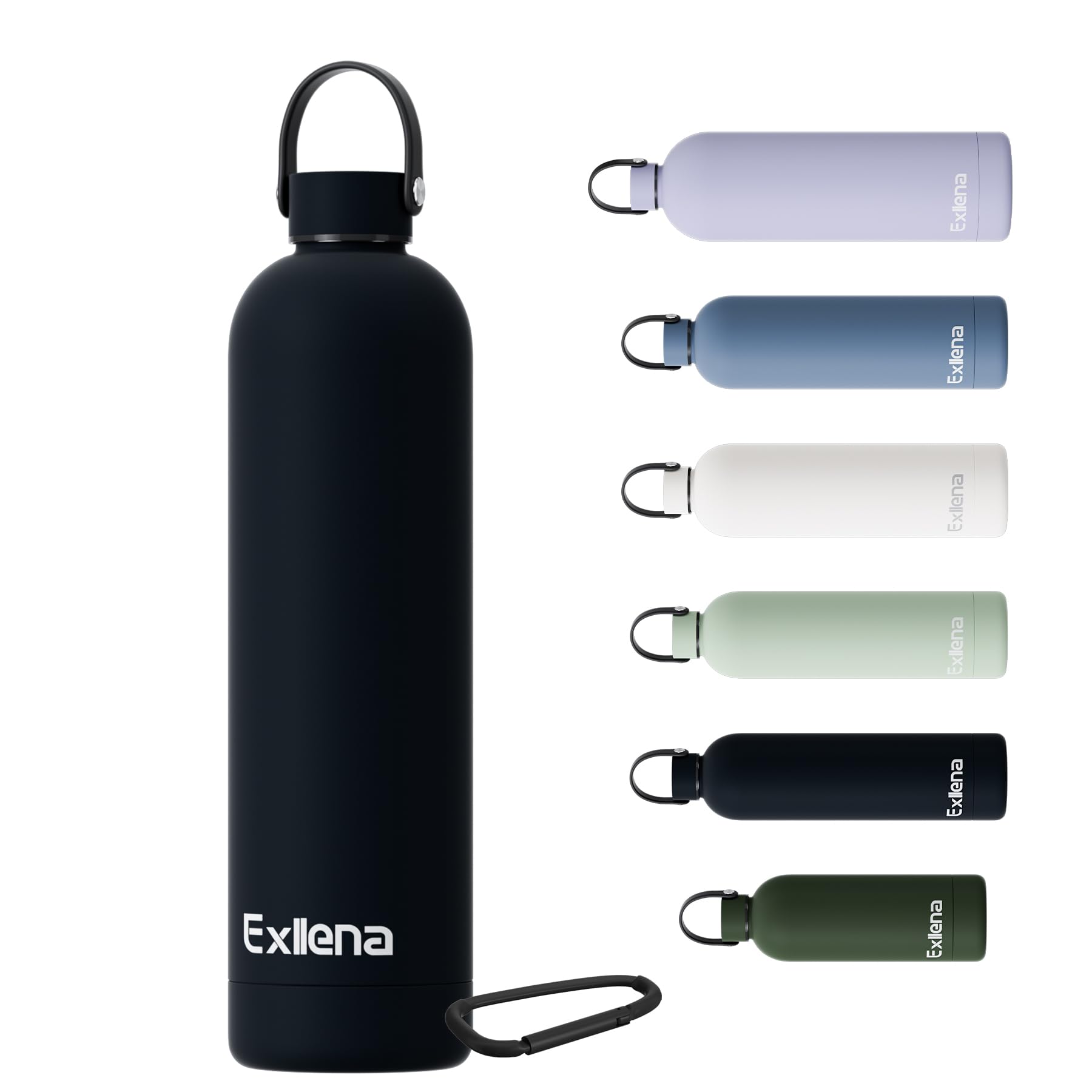 Exllena Borraccia Termica 1 Litro con Maniglia e Moschettone - Bottiglia Termica 1 Litro Mantenere Calore/Freddo - Senza BPA - 100% A Tenuta Stagna per Escursioni, Campeggio, Viaggi, Sport...(Nero)
