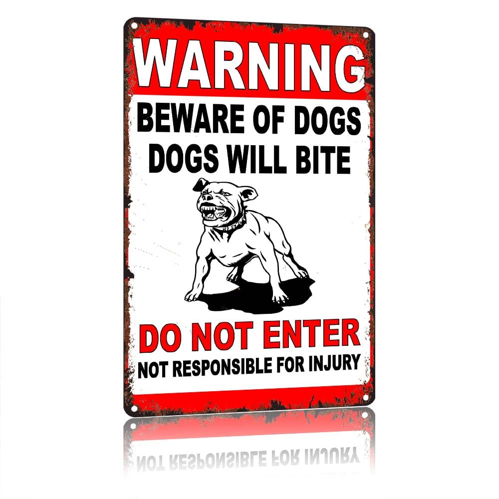 peiyeety WARNING BEWARE OF DOGS DOENTER Vintage Aluminum Metal Tin Sign 12X8in, Retro Iron Painting Wall Art Decor, Waterproof Rust-Proof Outdoor Yard Fence Gate Warning Decor Plaque for Home Garden