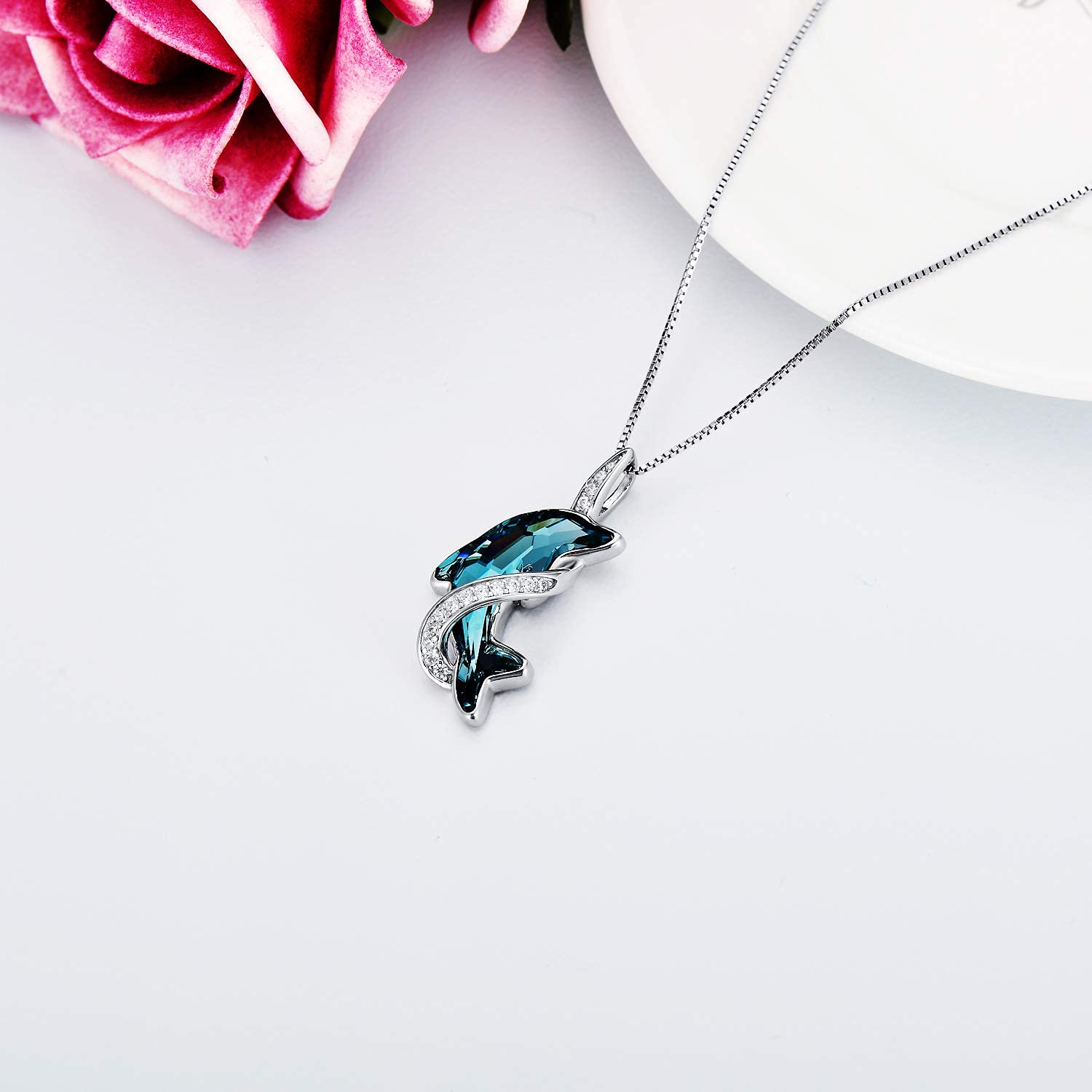 TOUPOP s925 Sterling Silver Dolphins/Sea Turtle Necklace for Women Crystal Pendant Ocean Jewelry Birthday Gifts for Lady Mother Sister Girls Dolphins Lover