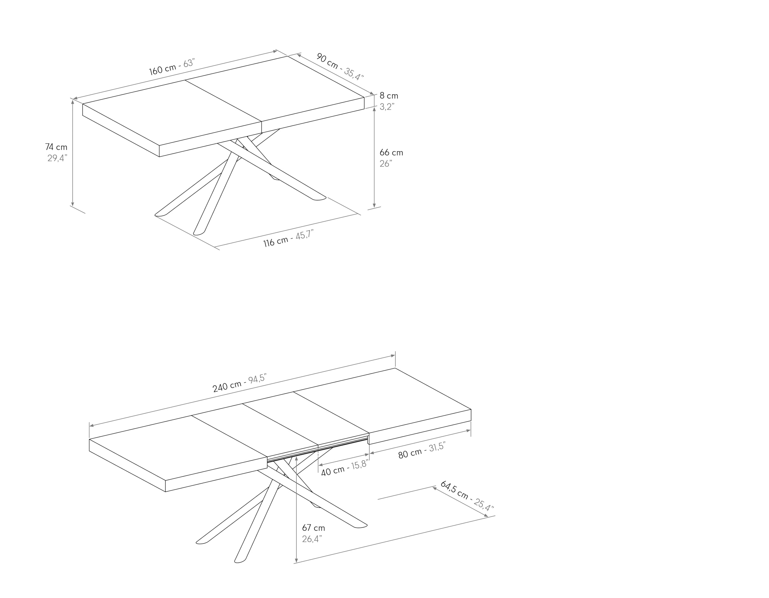 PAZZO DESIGN Table extensible Elise, pieds tubulaires croisés Menego blancs, fabriquée en Italie, couleur gris ciment, 160 x 90 x 74 - Id_2260