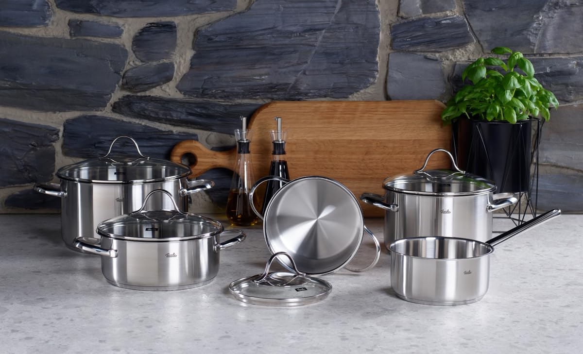 Fissler Palermo 5-częściowy zestaw garnków ze stali nierdzewnej, ze szklaną pokrywką (3 garnki, 1 garnek do pieczenia, 1 rondel) – indukcja