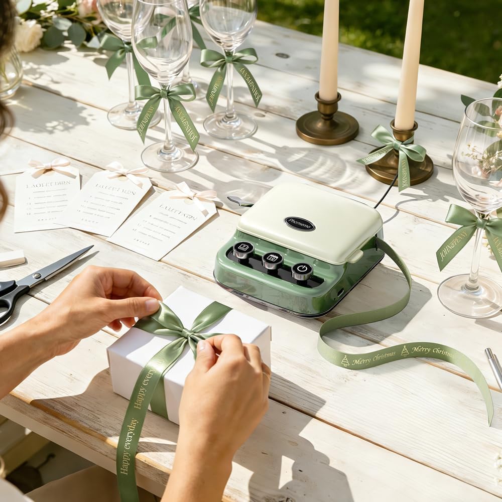 Phomemo P15 Etichettatrice a Nastro Rétro –Stampante per Etichette Adesive Bluetooth con Stampa Data in un Clic –Ideale per Decorazioni e Confezioni Regalo –Con Confezione Regalo e 1 Rotolo – Verde