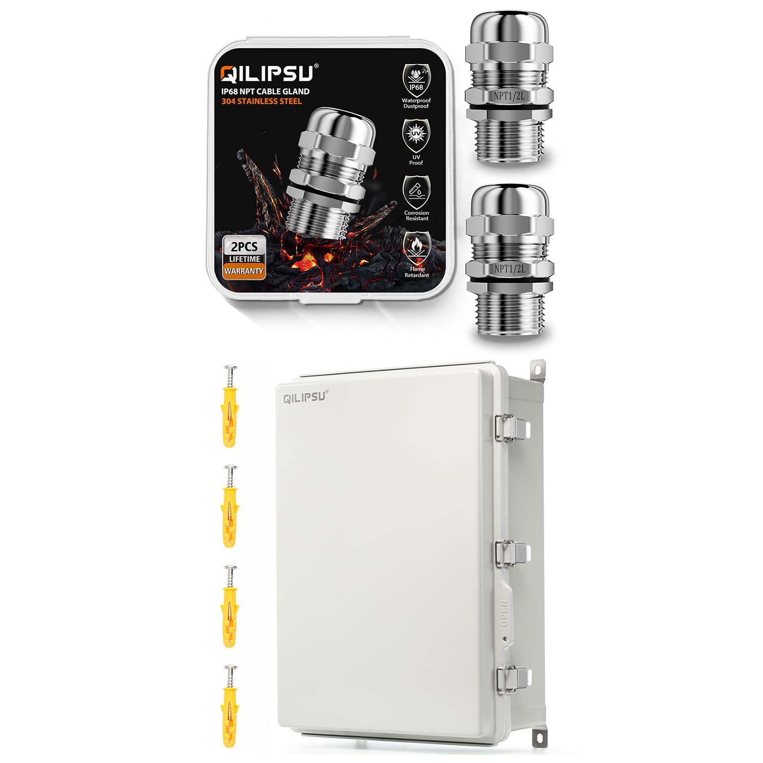 2pcs 1/2" NPT 304 Stainless Steel Cable Glands & 1pcs 24.2"x16.4"x9.1" PC/ABS Plastic Waterproof Junction Box