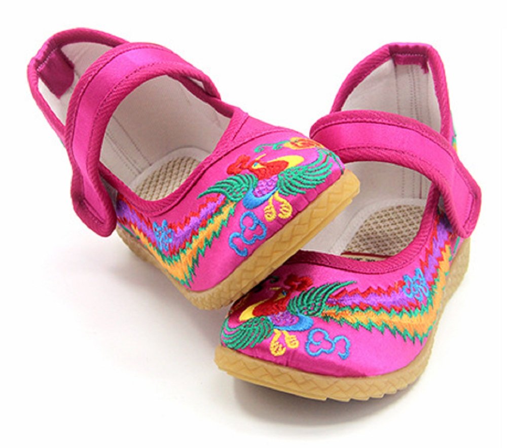 Tianrui Crown Children Girl's Phoenix Embroidery Mary-Jane Shoes Kid's Cute Flat Cheongsam Shoe Rose Red