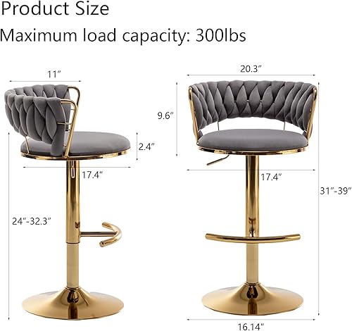 Miniatura 3 de Riknuxi Juego de 2 taburetes de bar de terciopelo, taburetes de bar de altura de mostrador con respaldo bajo, taburete de bar giratorio dorado para