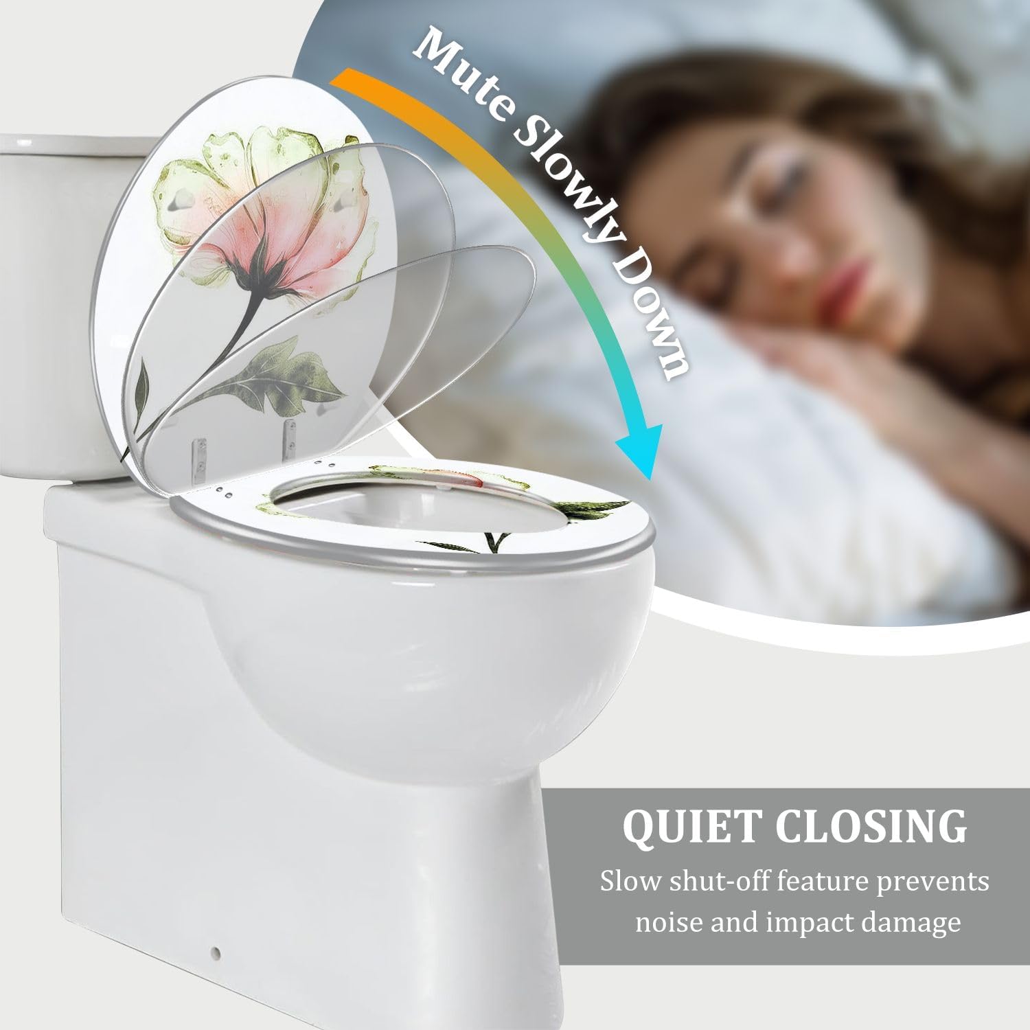Round Toilet Seat Watercolor rose Pink black colour Transparent big flower Resin Toilet Seat Quietly Close Quick Release Hinges Decorative Toilet Seat with Cover Easy to Install