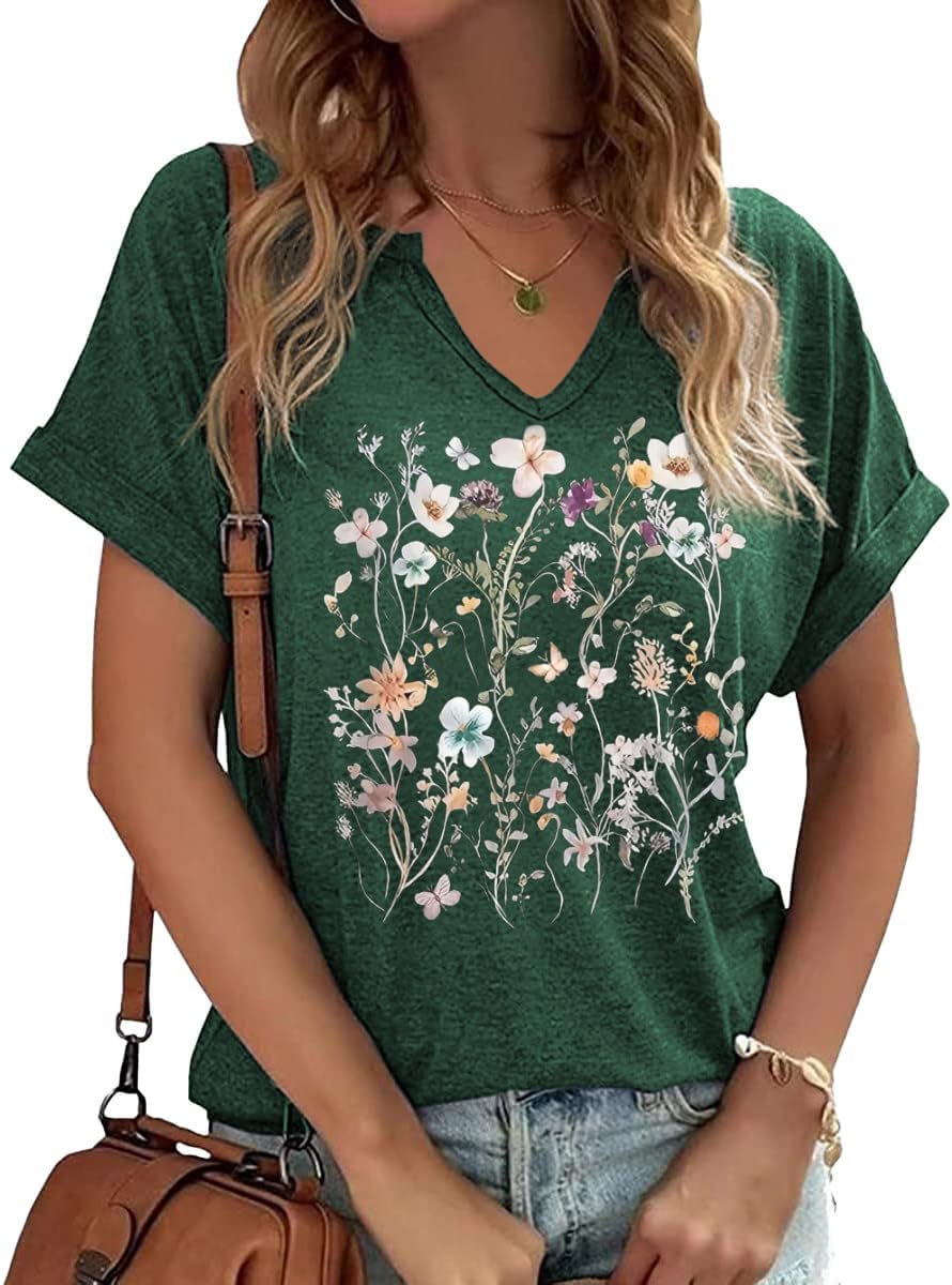 Womens Vintage Flowers V Neck Shirt Boho Floral Wildflowers Graphic Tee Casual Graphic Tees Tops for Girl
