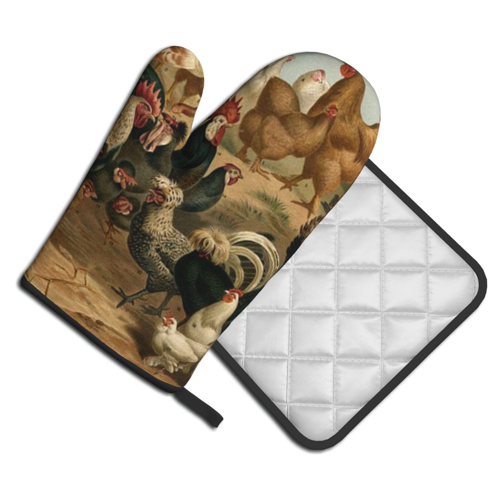 Oven Mitts and Pot Holders Set of 2 Pcs, Chicken And Rooster Print Printed Heat Resistant Kitchen Gloves Potholders for Cooking Baking Grilling