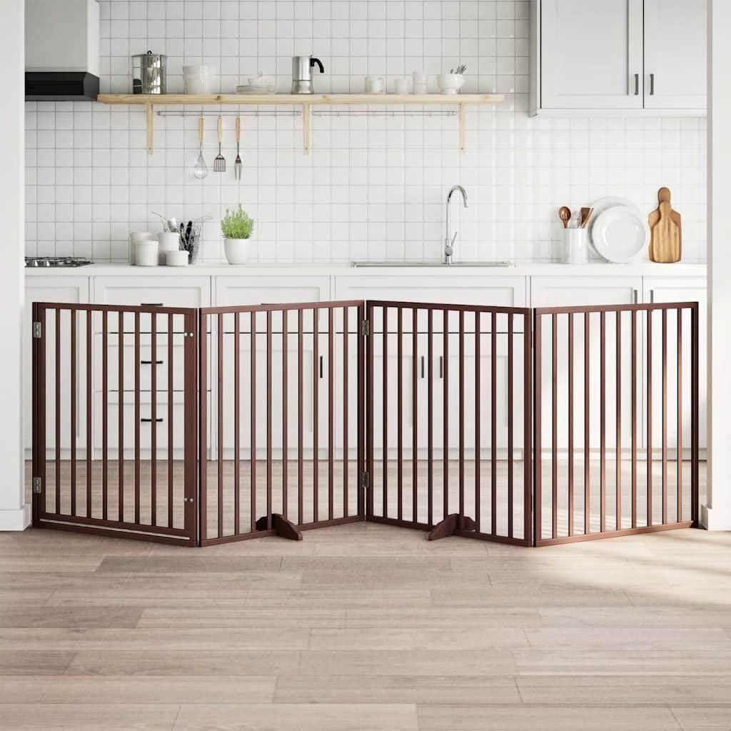 Barrera para perros con puerta plegable, 4 paneles, madera de álamo marrón, 320 cm, independiente, plegable, protección para perros, cachorros, interior y exterior, seguro y portátil