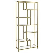 VASAGLE Libreria Scaffale, Libreria Verticale a 6 Ripiani, Porta Piante, 30 x 80 x 180 cm, Vetro Temperato, Studio Soggiorno Camera da Letto Cucina, Oro Metallico LGT502A01