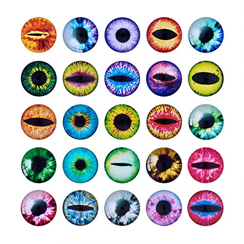 Beadthoven 25mm 90pcs Mixed Style Round Glass Dragon Eye Gem Cover Cabochon for Dome Jewelry Finding Cameo Pendent Doll Making