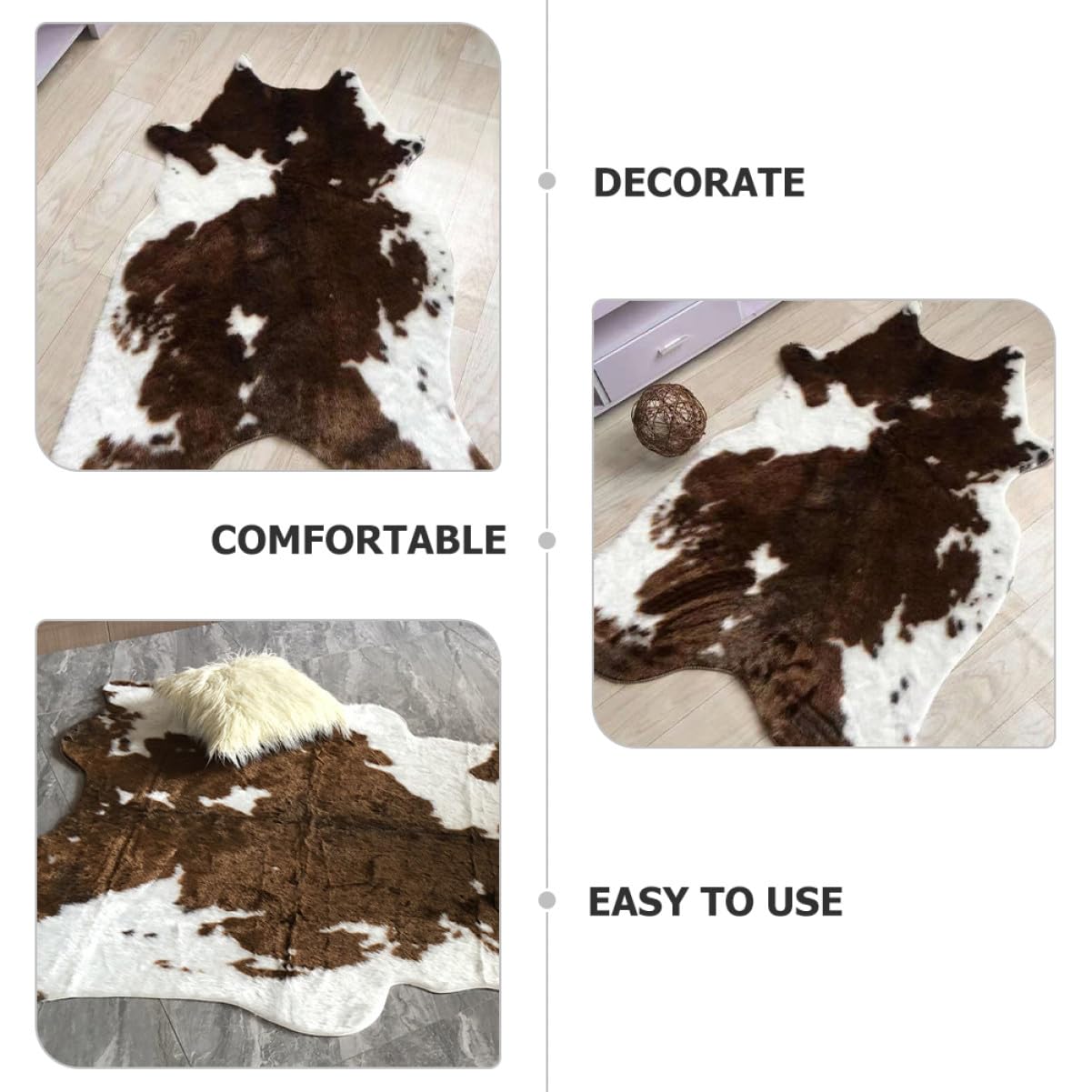 Tapis Doux Imitation Peau de Vache Marron Moelleux pour Salon et Chambre, Moquette Lavable Légère et Réutilisable, Décoration Maison Chaleureuse