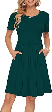 AUSELILY Damen Kurzarm Plissee Loose Swing Freizeitkleid mit knielangen Taschen