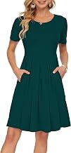 AUSELILY Women's Short Sleeve Pleated Loose Swing Casual Dress with Pockets Knee Length