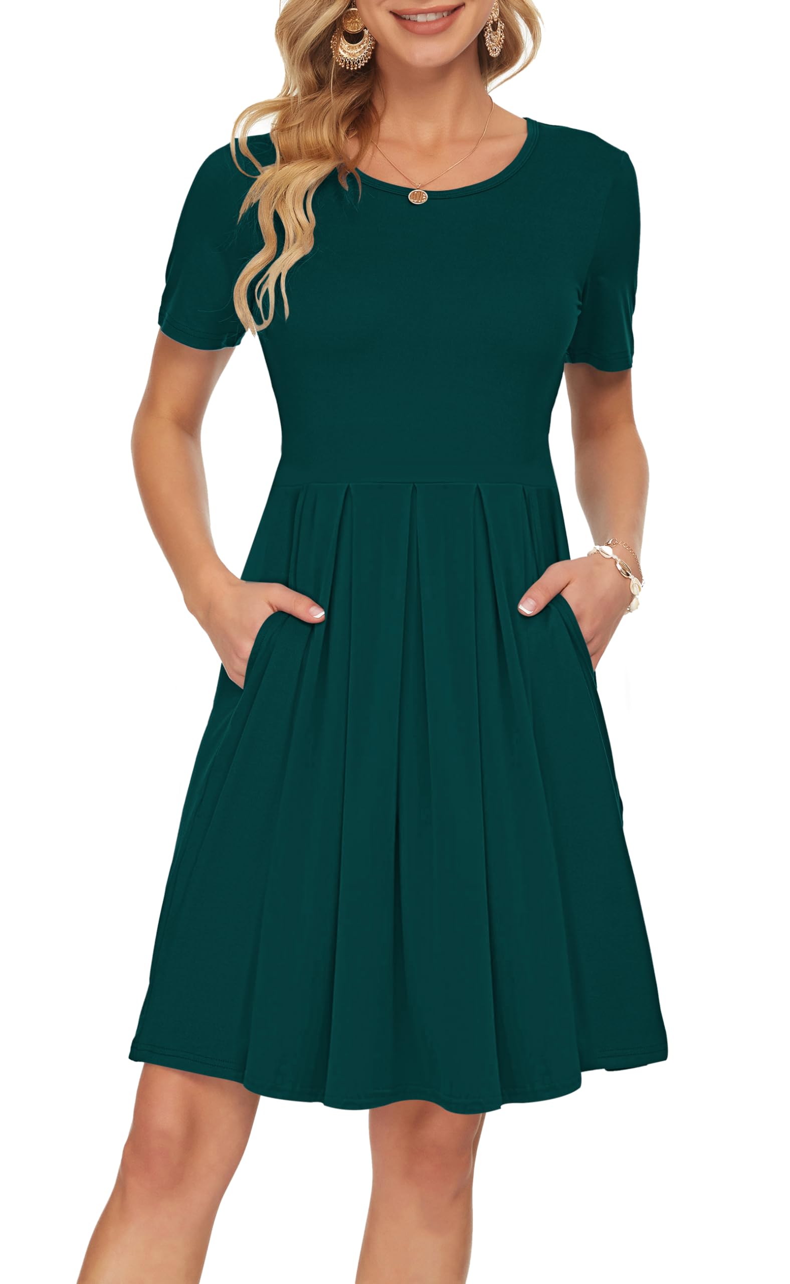 AUSELILY Damen Kurzarm Kleid Grün Plissee Loose Swing Freizeitkleid mit Taschen Dunkelgrün XL