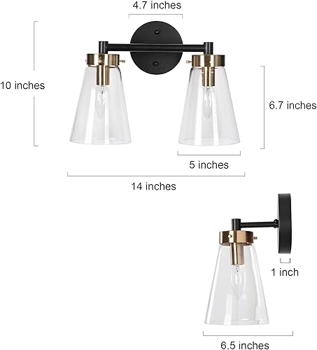 Miniatura 3 de Lámpara de baño de 2 luces, luz negra y dorada, moderna lámpara de pared de baño con pantalla de vidrio transparente, lámpara de pared de baño para