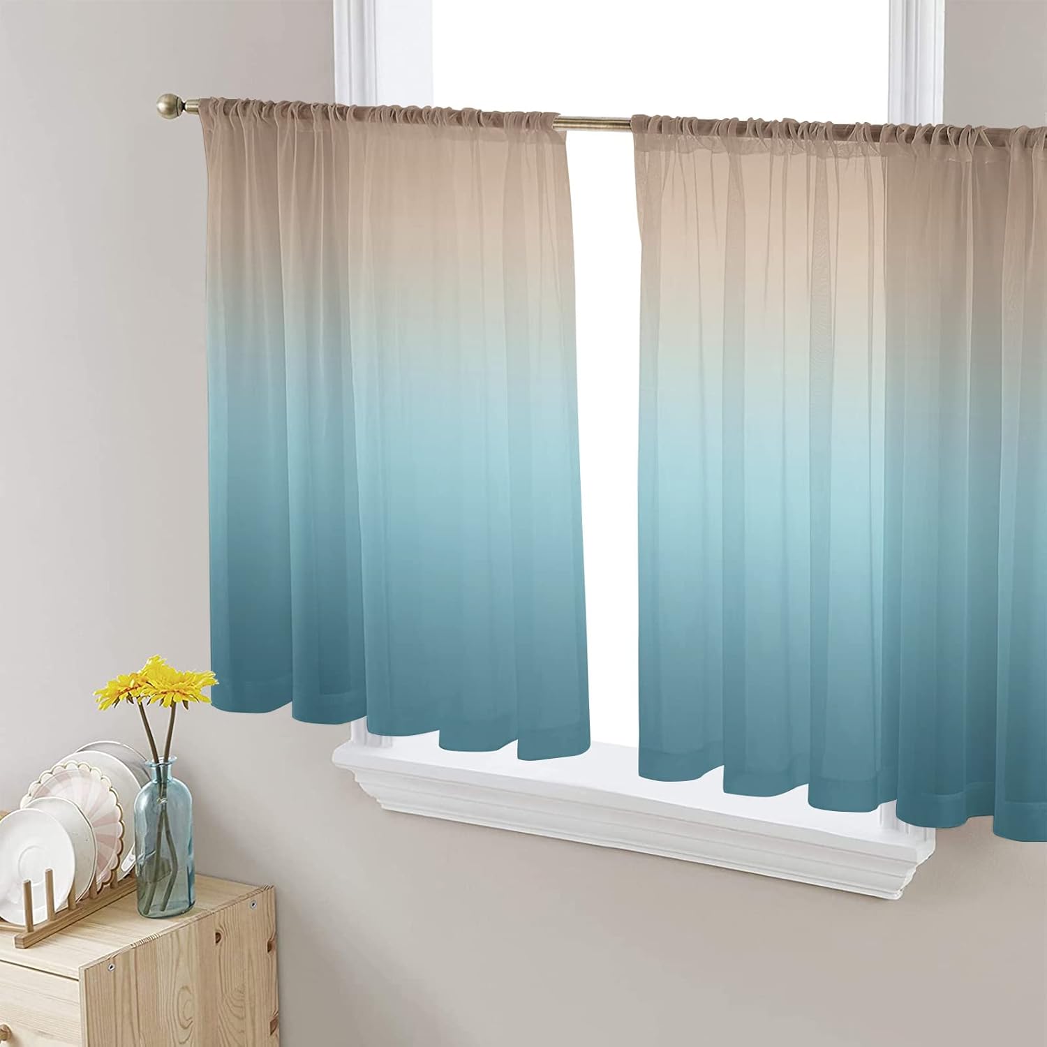 Ombre Sheer Curtains 54 Inches Long, Gradient Brown to Turquoise Teal Window Treatment Panels Light Filtering Rod Pocke Curtain Voile Drapes for Bedroom/Living Room Each 52" W x 54" L