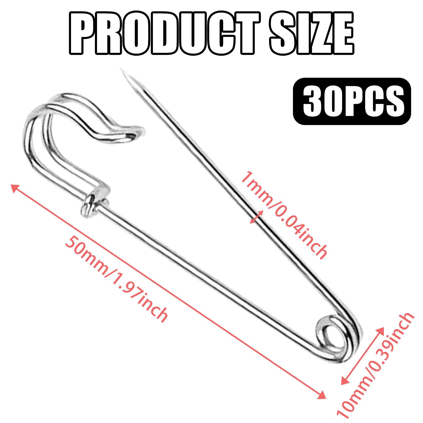 Spille da Balia Grandi 50 mm - Accessori da Cucito di Sicurezza in Acciaio Inossidabile per Abbigliamento, Gioielleria, Artigianato (30 Pezzi)