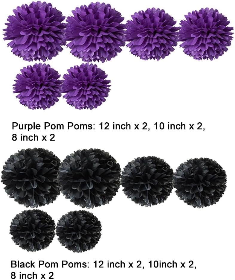 AWELL Purple Black Paper Pom Poms Flower for Graduation Birthday Retirement Party, 12 Counts