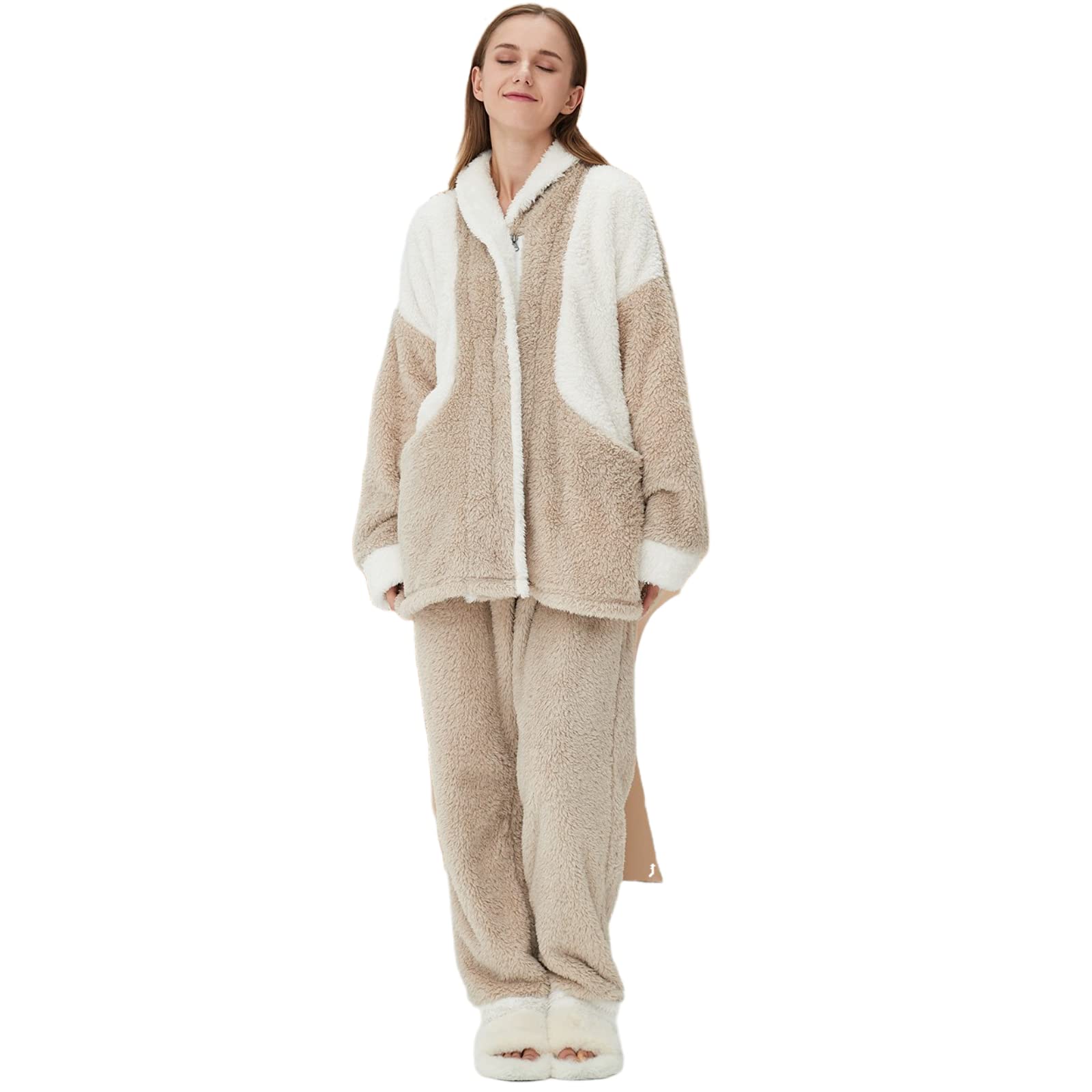 ASHER FASHIONWomen's Pajamas Set Cardigan Fleece Coral Pajamas, Flannel Pajamas Pajama Pants Set Thickened Couple Homewear