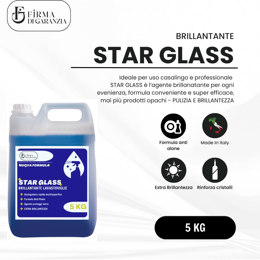 Detergente BRILLANTANTE Lavastoviglie professionale STAR BRILL concentrato liquido, detersivo lavapiatti antialone cristalli e stoviglie per bar e ristoranti | Tanica detergerne 5 KG contentrato - 4pz