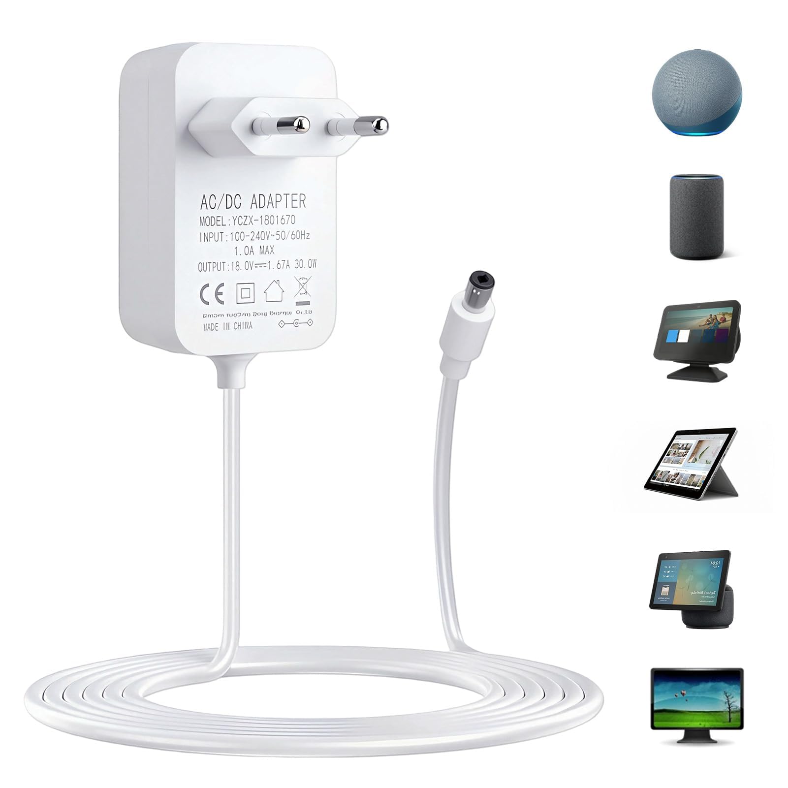 Adaptador 30W (18V 1.67A) para Alexa Echo 3ª/4ª Gen, Echo Show 8/10/15 y Plus 2ª Gen – Cargador de Repuesto con Cable 1.2m, Alimentador Seguro y Estable para Dispositivos de Alta Potencia