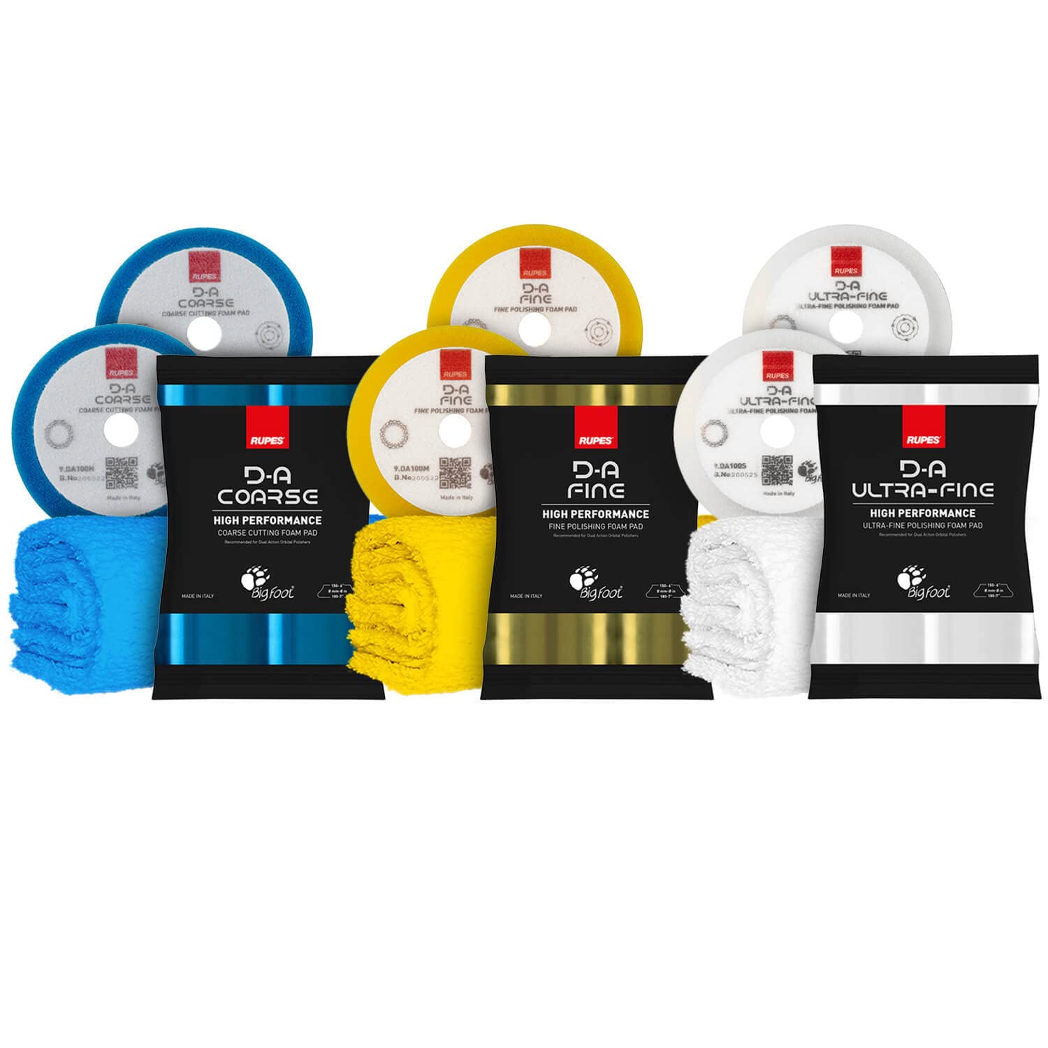 Polierpad Set: Rupes Bigfoot Polierschwamm für 75mm Stützteller - D-A Coarse + Fine + Ultrafine Ø80-100mm blau/gelb/weiß (6 STK.) + ChemicalWorkz Premium Poliertuch 500GSM | 9-teilig