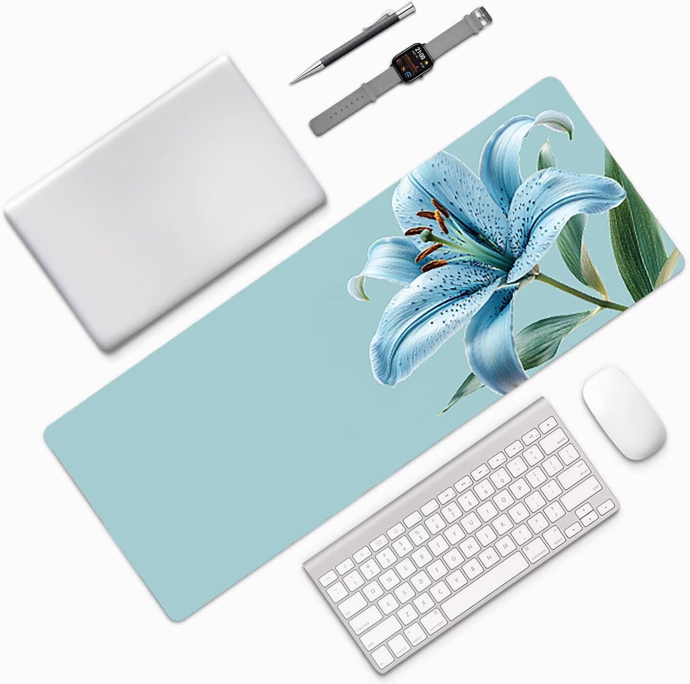 Lpfieonn Blume Großes Schreibtischunterlage, XXL Schreibtischunterlagen, Blau XXL Wasserdicht Gaming Mousepad mit Vernähter Rand und Rutschfeste Gummibasis, für Laptop/Hause/Büro 120x60cm PF-1813
