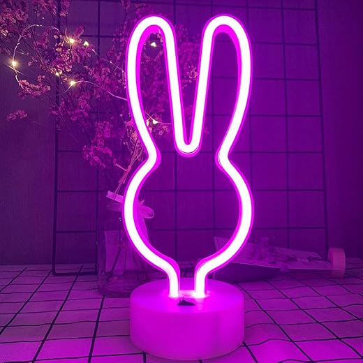 BAILEY Rabbit Ears Neon Sign,Easter Bunny Rabbit LED Lights with Holder Base,USB or 3-AA Battery Powered Neon Light of Business Premises for Christmas Easter Party Holiday Night Bedroom Gifts (Pink)
