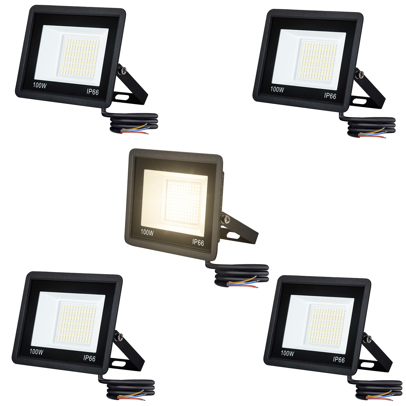 AufuN Reflektor LED, 5 x 100 W, ciepła biel, super jasny, IP65, wodoszczelny, aluminiowy reflektor do ogrodu, garażu, podwórka lub hote