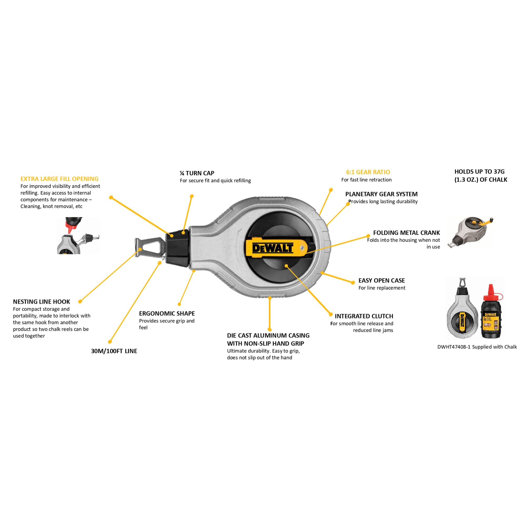 DEWALT DWHT47408-0 6 to 1 Chalk Reel with Red Chalk
