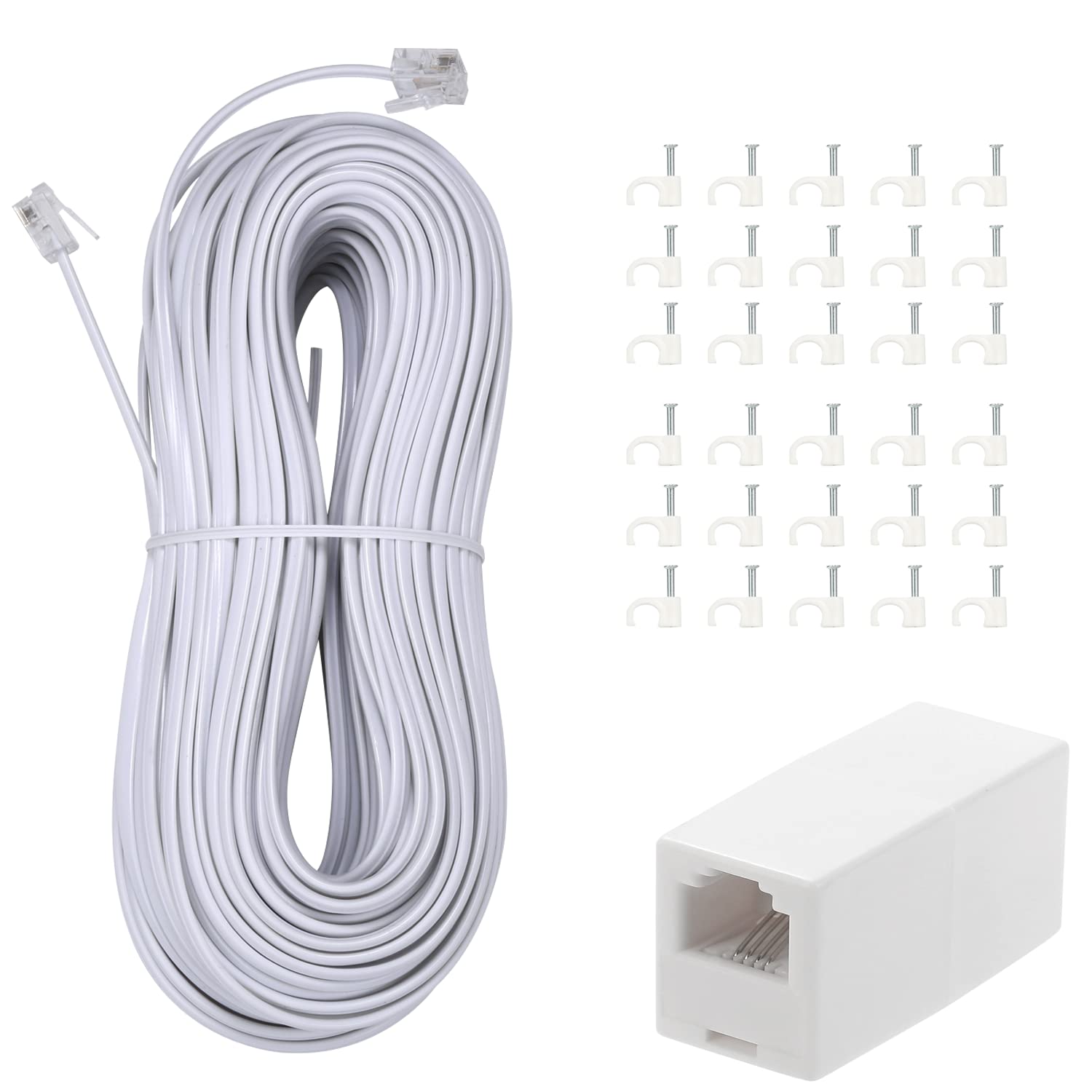 30 m langes Telefon-Verlängerungskabel, Telefonkabel, mit Standard-RJ11-Stecker und 2,5 cm Kupplungen und 30 Kabelclip-Halterungen, Weiß