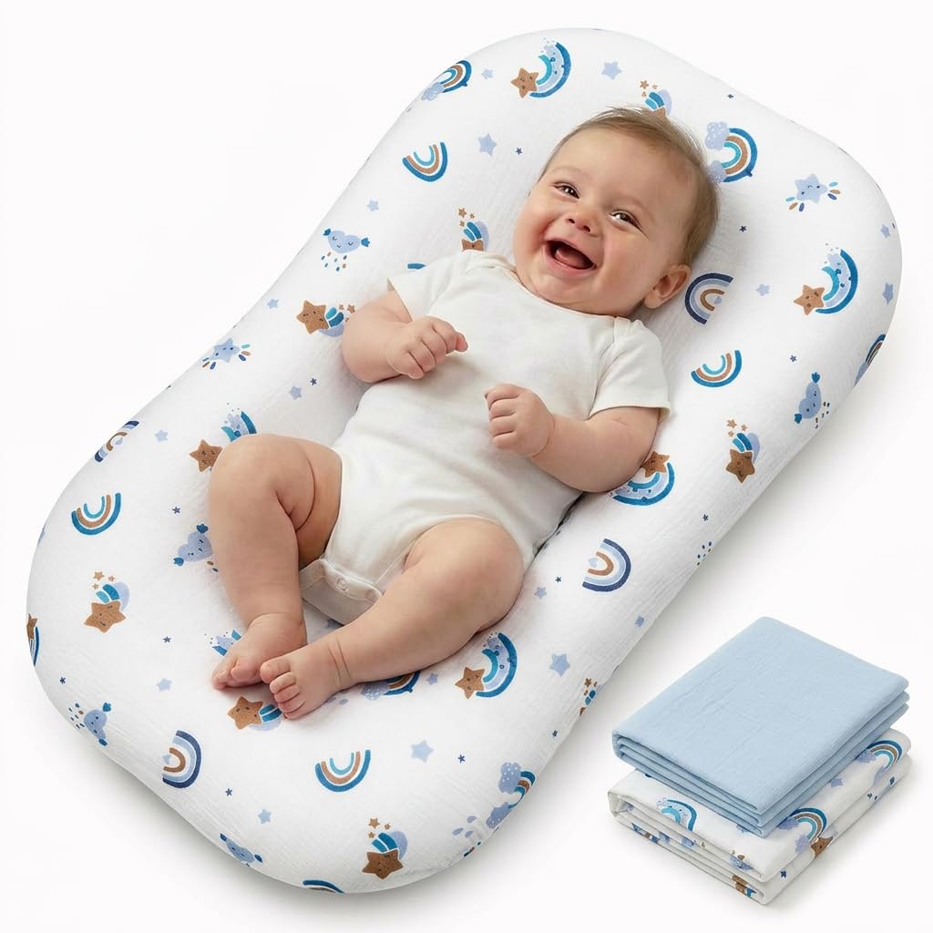 Infant Support Mat, 2 Pack Muslin Cotton Slips, Supportive Tummy Time Mat for Supervised Awake Use, Lightweight Nursery Essential (0-24 Months), Blue & Rainbow