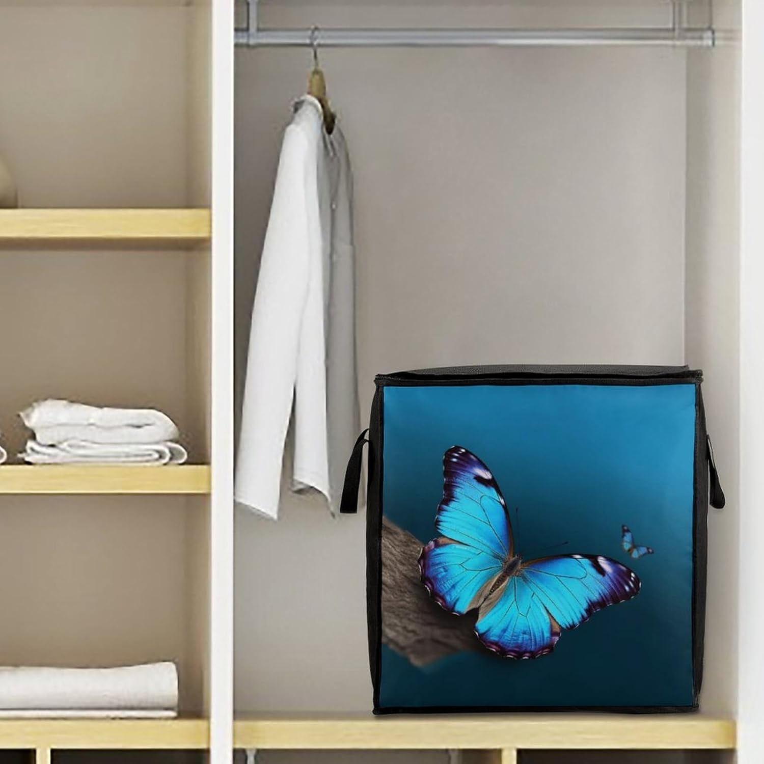 Portable Quilt Storage Bag,Beautiful Blue Butterfly Printed Foldable Wardrobe Storage Box Foldable Storage Bag with Lids And Handle Large Clothing Storage Bag for Comforters Clothes Blankets Pillows