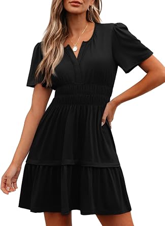 LUXVEER Womens Summer Mini Dress Casual Short Sleeve V Neck Smocked Waist Sundress Flowy Tiered Short Beach Vacation Dresses
