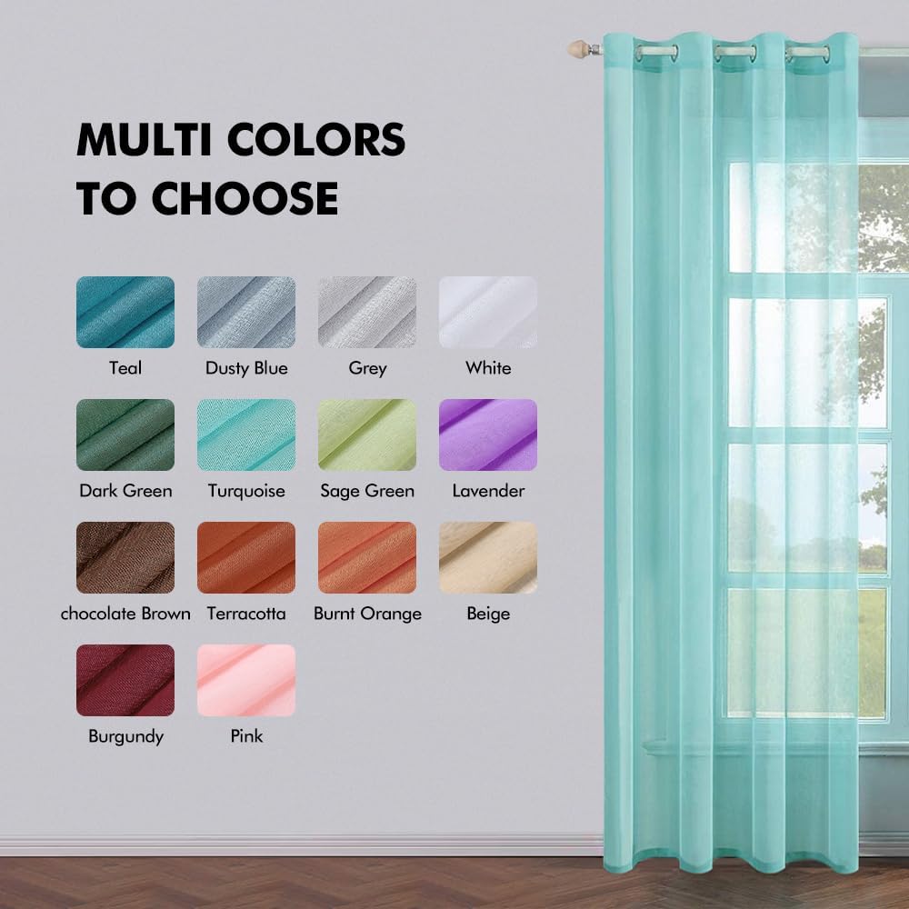 MIULEE 2 Turquoise Semi Sheer Window Curtains Elegant Grommet Top Voile Panels/Drapes/Treatment Aqua Blue Linen Textured for Bedroom Living Room (54X96 Inches)