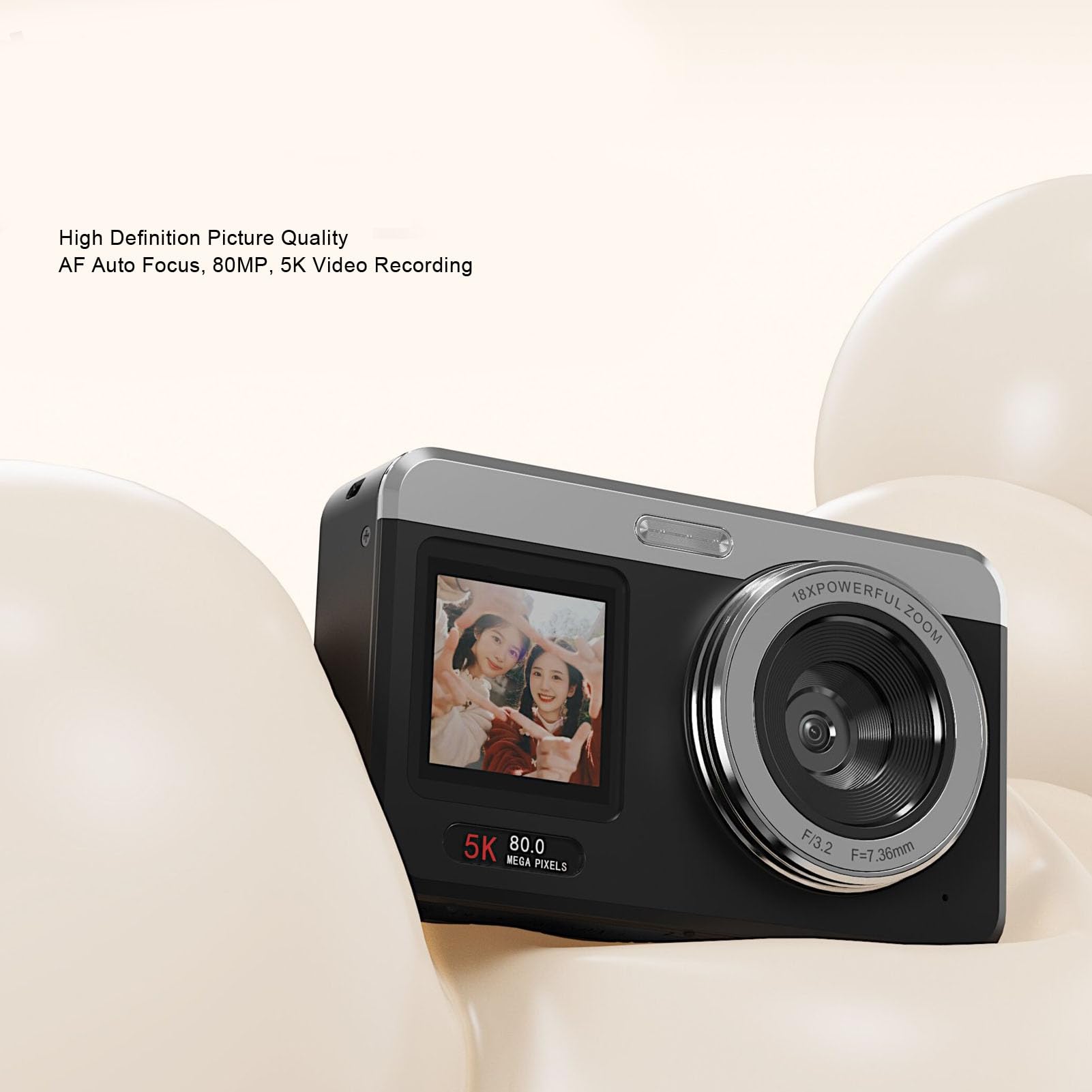 XUMIUZIY Fotocamera Digitale 5K con Doppio Schermo e Zoom 18X per (BLACK) | Sensore CMOS da 80 MP, Messa a Fuoco Automatica, Luce LED di Riempimento, Batteria da 1200 MAh, Doppio Schermo da 2,8 e 1,5