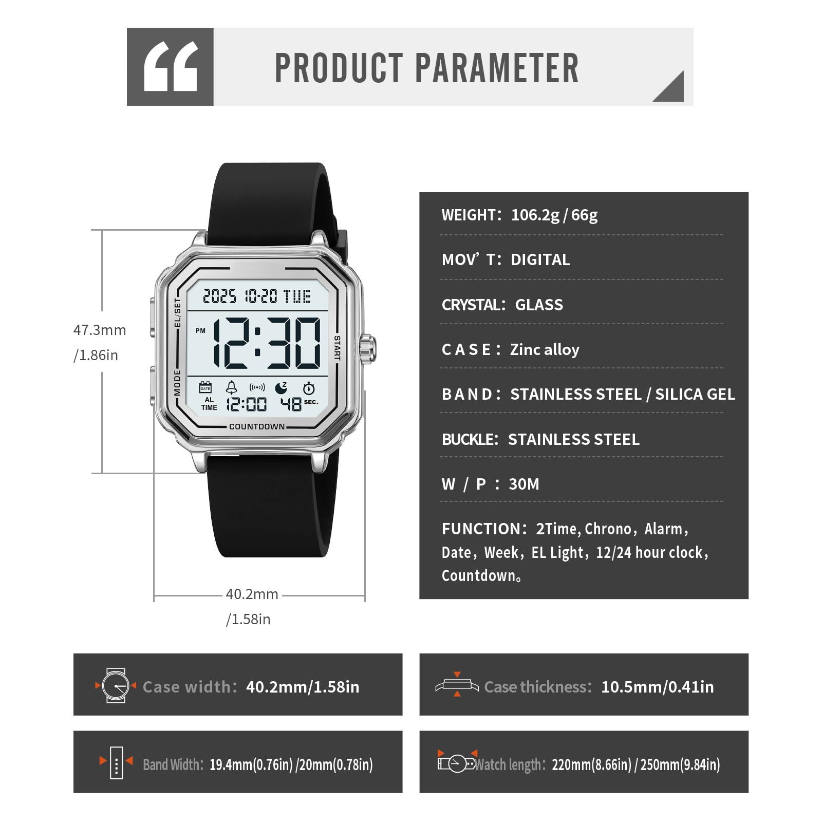 findtime Orologio digitale quadrato digitale orologio sportivo sportivo outdoor uomo donna grandi numeri numeri 3 ATM impermeabile unisex doppio tempo / cronometro / allarme / 12-24H nero oro