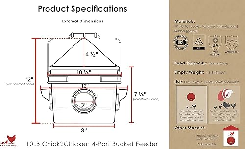 Miniatura 5 de RentACoop Chick2Chicken - Alimentador de 4 puertos sin BPA de 10 libras, incluye cono anti-gallina, cubierta de puerto deslizante y tapa, apto para