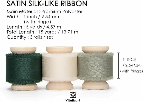 Miniatura 2 de Vitalizart Cinta de satén de seda de 1 pulgada x 15 yardas, carrete de madera verde y crema, cinta deshilachada hecha a mano para envolver regalos,