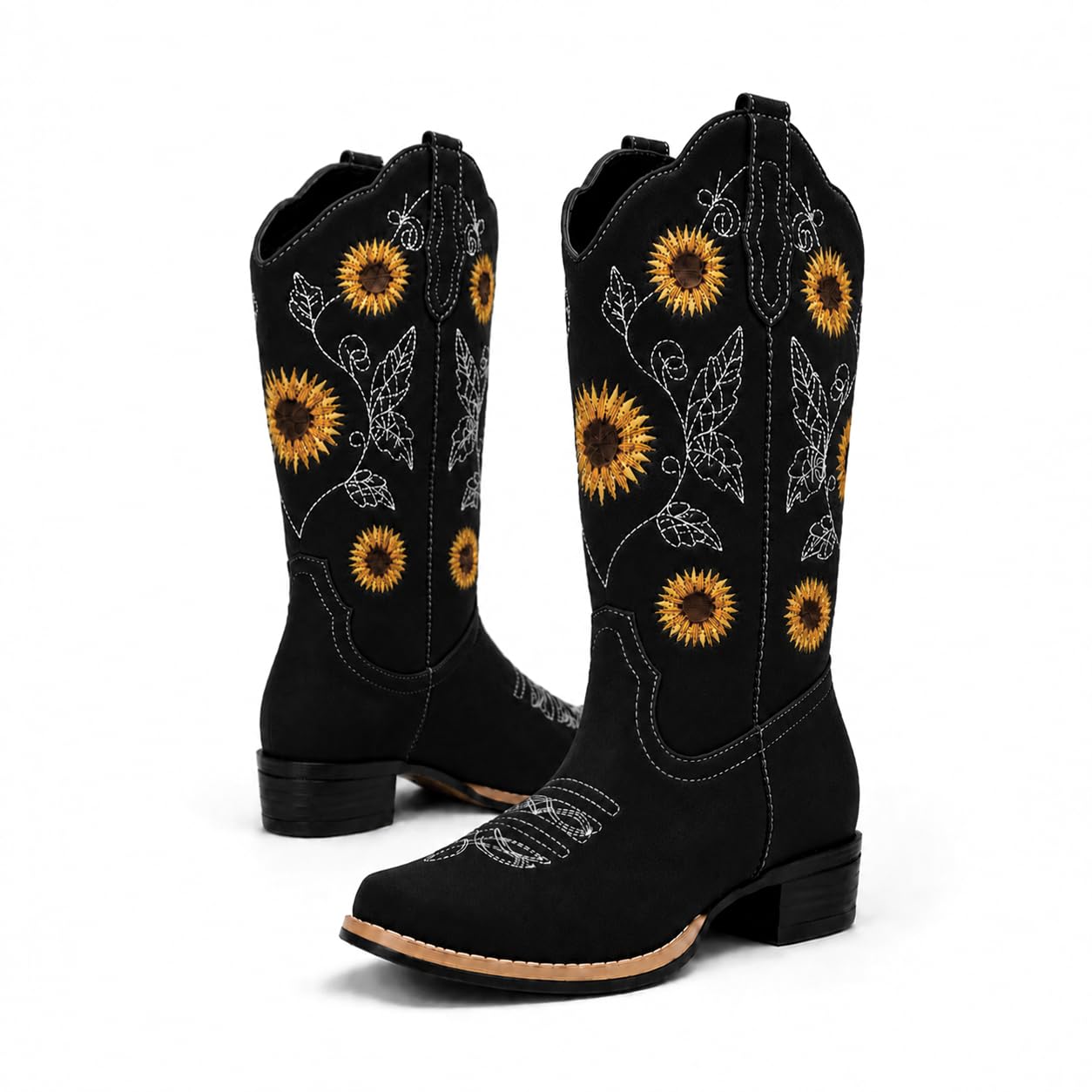 Women's Sunflower Cowboy Boots Cowgirl Square Toe Mid Calf Low Heel