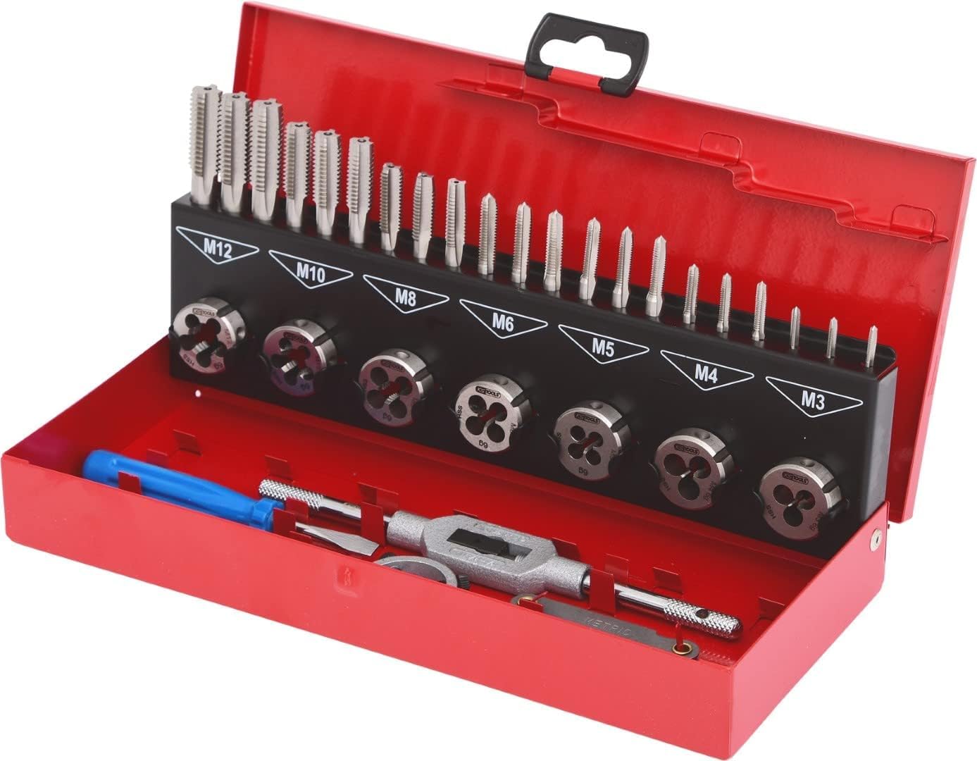 KS Tools 331.0632 Coffret De Jeux De Tarauds Et Filières -Avec Mallette De Rangement Rouge En Acier Anti Rouille - Outtilage Mecanique Auto 32 Pièces & 331.0665 Porte taraud réversible à cliquet M5-12