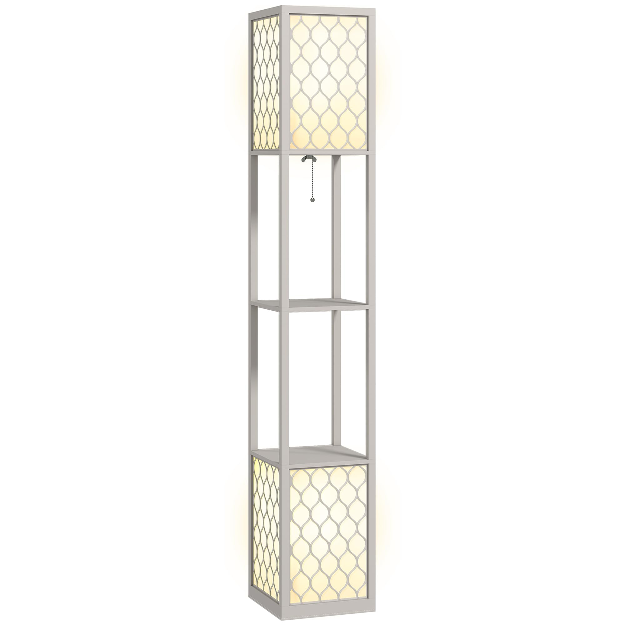 HOMCOM Lámpara de Pie con Estante, 2 Lámparas con Casquillo E27, 2 Estantes, 4 Niveles, Diseño de Nido de Abeja, Pantalla de Terileno Algodón, MDF, Gris