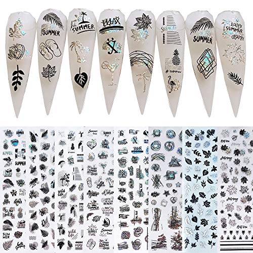 NAIL ANGEL 8Sheets Nail Art Adhesive Sticker Sheets Different Black with Laser Silver Color Holiday Summer Leaf Maple Shapes Nail Art Decoration (10236 Black and Laser Silver)