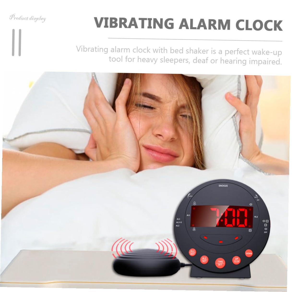 Reloj Despertador Vibración Fuerte con Luz Intermitente para Sordos y Personas con Sueño Profundo Multifunción para Dormitorio Oficina y Hotel de Volumen y Brillo