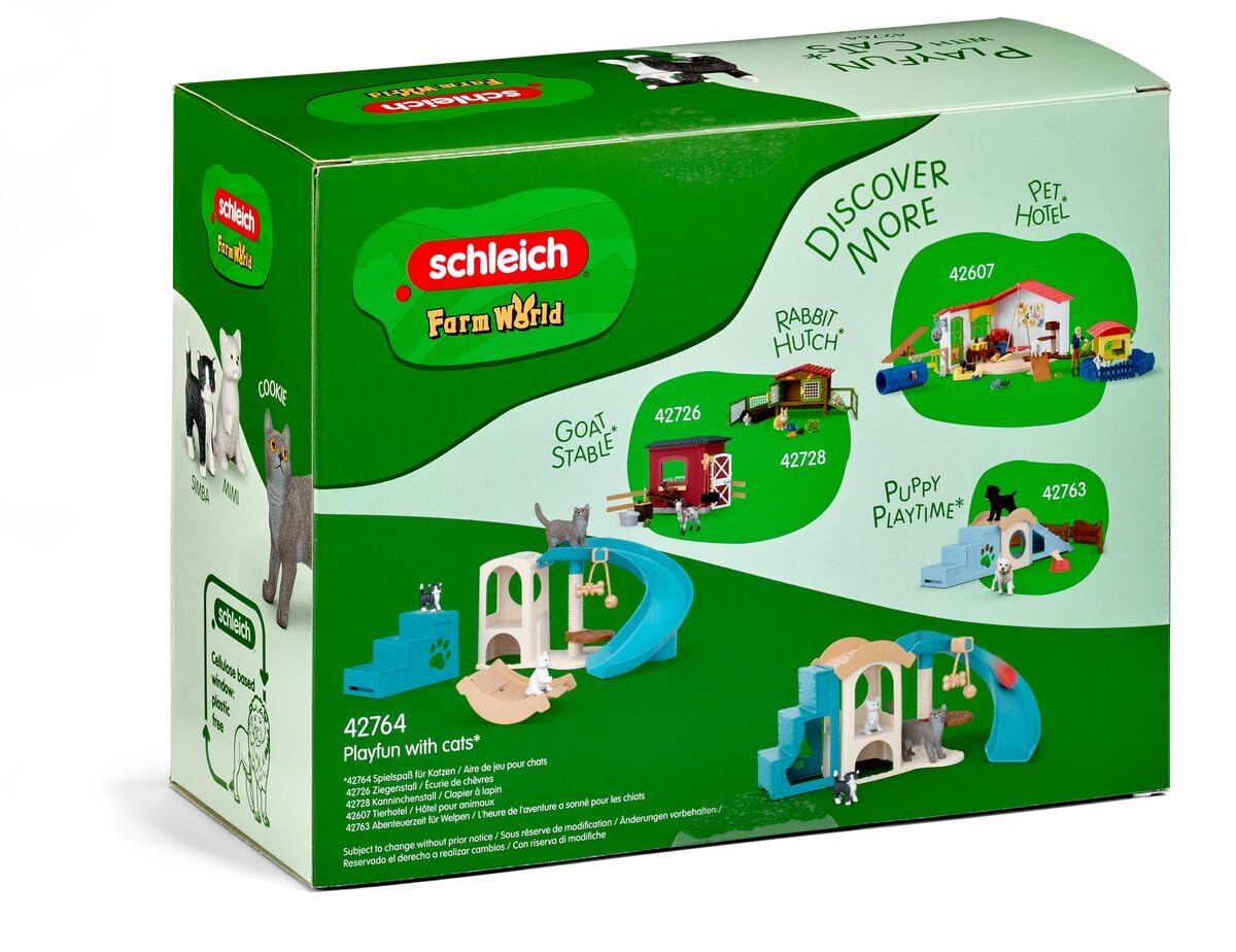 schleich FARM WORLD | Kocia zabawa 42764 | Zestaw z domkiem dla kotów, 3 kotami, drapakiem & akcesoriami | Realistyczna zabawka farma | Prezent dla dzieci od 3 lat | 12 elementów
