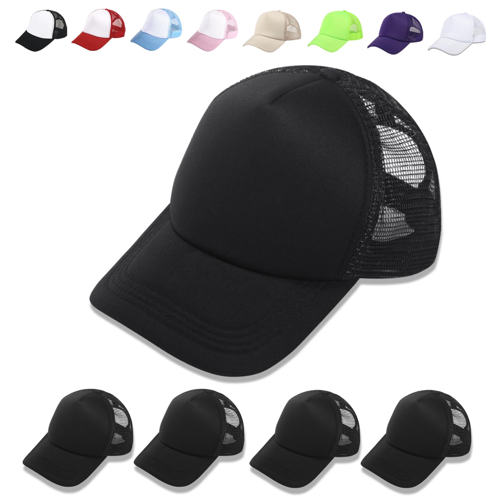 OKBA 5 Pack Sublimation Blank Baseball Cap Adjustable Black Hat Polyester Mesh Trucker Hats for Men and Women