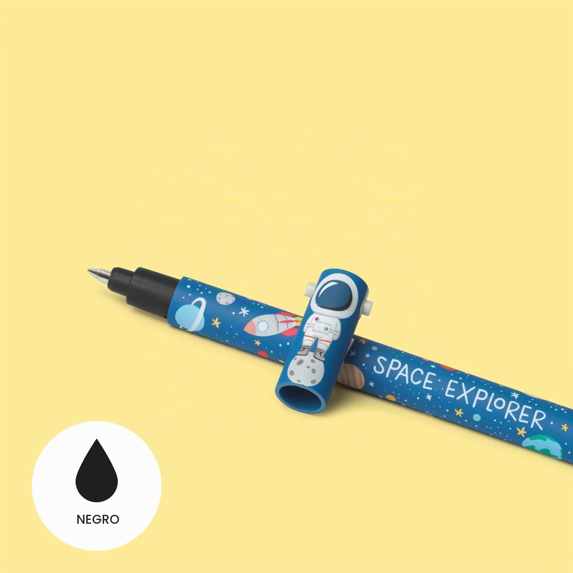 Legami Bolígrafo de gel borrable, esfera en un extremo para borrar la tinta sin estropear la hoja, tinta negra termosensible, punta de 0,7 mm de diámetro, tema del espacio.