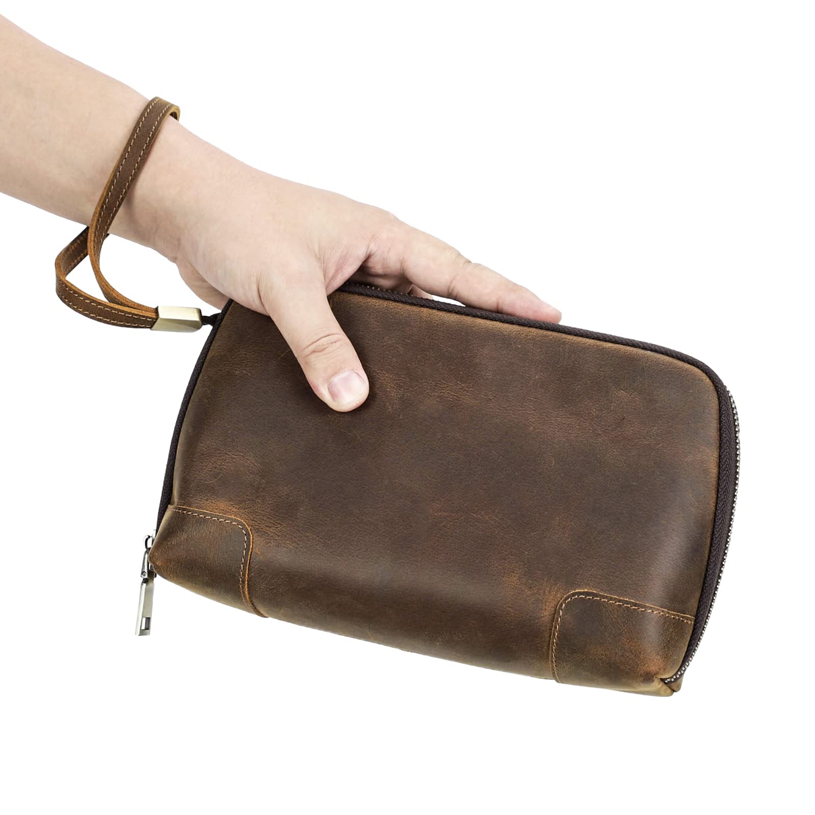 Contacts Bolso de viaje de cuero genuino para hombre con correa de muñeca, cartera con cierre de pasaporte y bolsillo con cremallera, bolso de mano grande con capacidad para teléfono para hombres